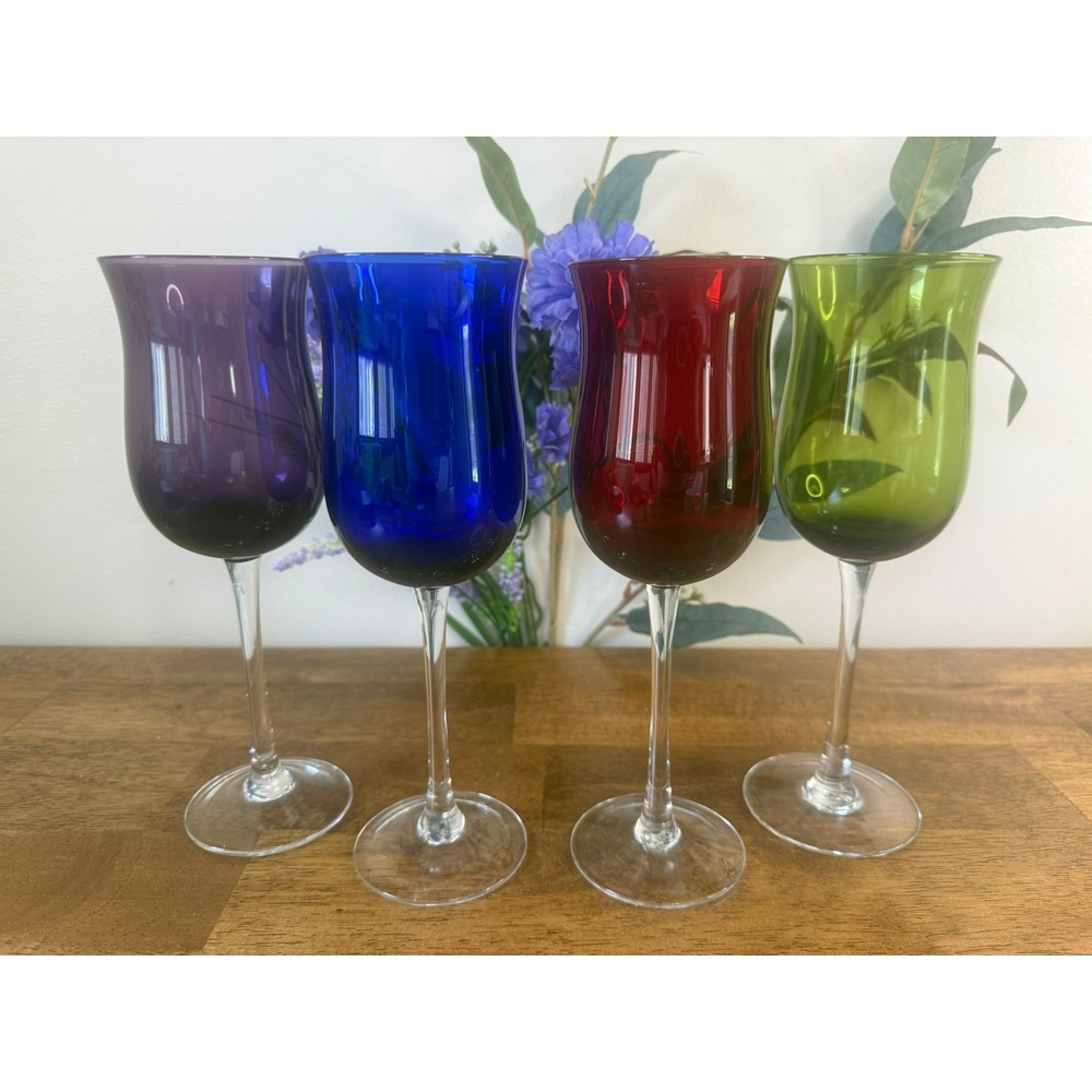 Vintage Tulip Wine Glasses Jewel Tone Rainbow Stemware Retro Barware MCM Bar